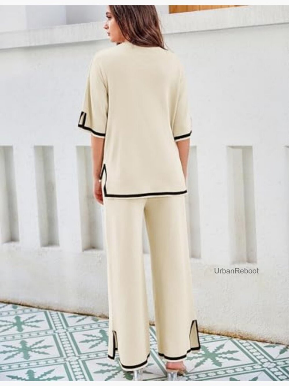 Knit Sweater Set 2 Piece Lounge Outfit Short Sleeve Wide Leg Pants - Picture 6 of 7